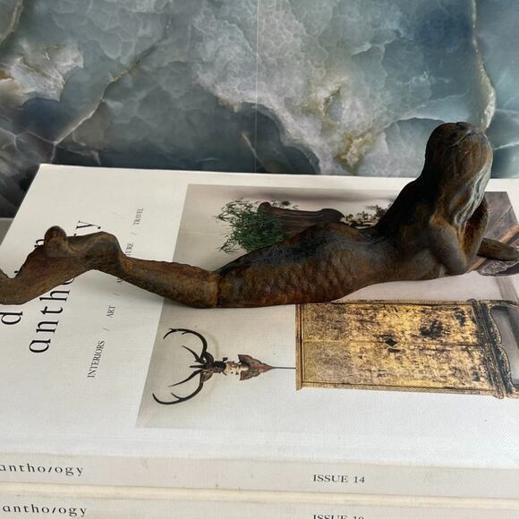 Cast Iron Mermaid Statue Siren Figurine Shelf Laying 9” Long Green Vintage - Picture 6 of 9